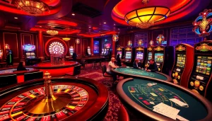 Scène passionnante de casino en ligne avec des joueurs de poker, une roue de roulette et des machines à sous vibrantes.