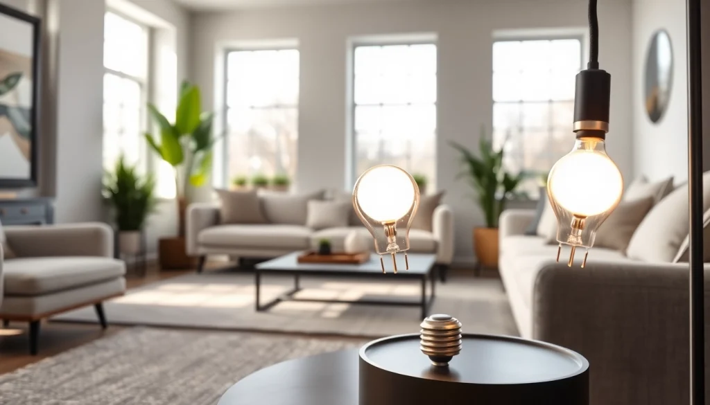 Showcase a19 bulbs glowing warmly in a modern living room environment.