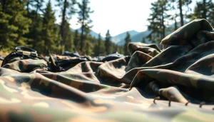 Beeld van camouflage stoffen met diverse texturen en kleuren, perfect voor buitenactiviteiten.