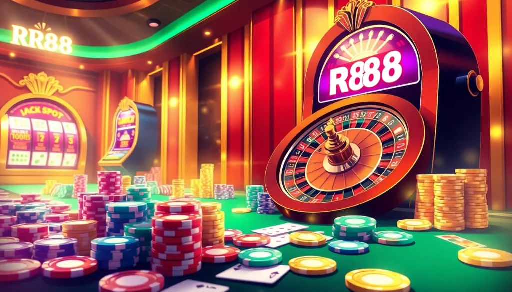 Engage in thrilling gameplay at RR88 with vibrant poker chips and roulette wheels in this premium casino scene.
