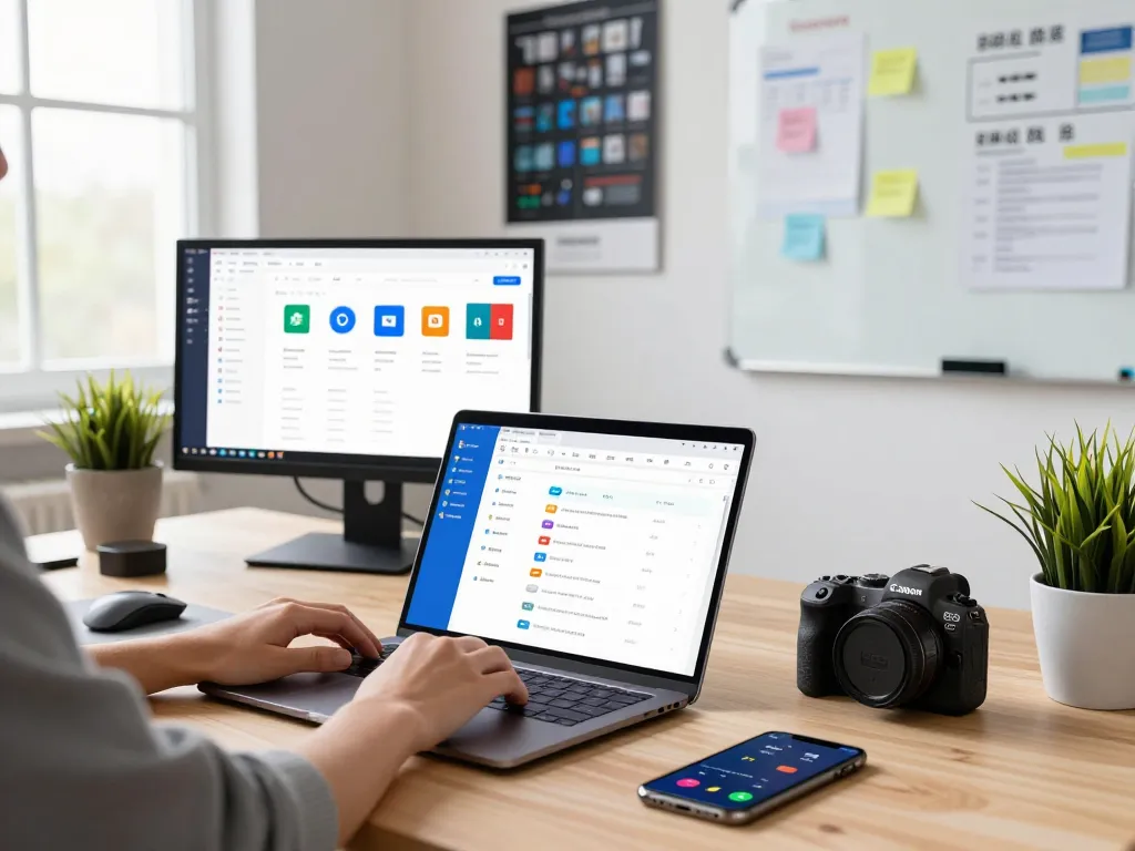 用户在现代科技工作空间中使用谷歌浏览器的笔记本电脑，周围环绕着设备和自然光。