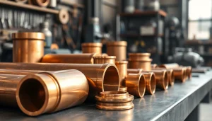 Prim-plan al diverselor tevi bronz, evidențiind calitatea și durabilitatea acestora într-un atelier de prelucrare a metalelor.