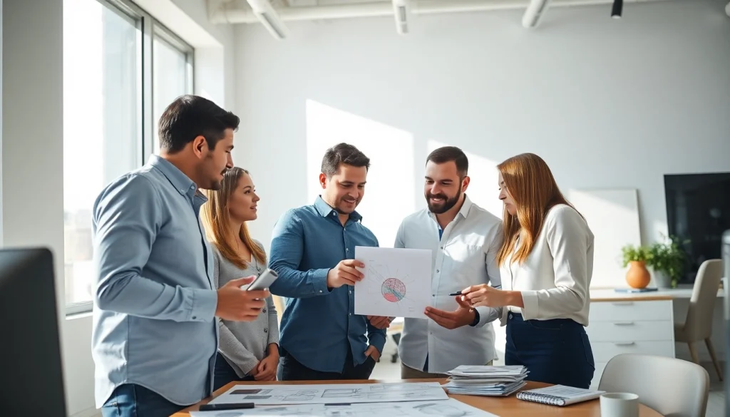 Project meeting at a leading web design company essex with a diverse team brainstorming.