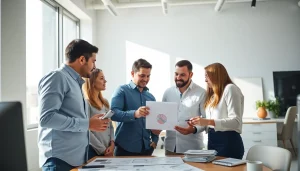 Project meeting at a leading web design company essex with a diverse team brainstorming.