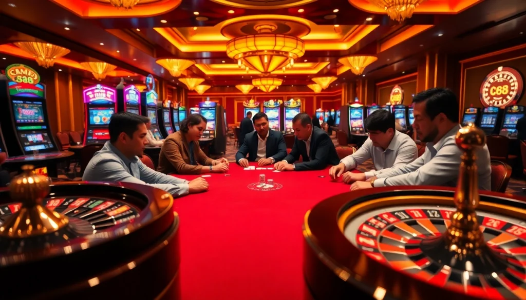 Players strategize their moves at the CM88 poker table in a luxurious casino setting.