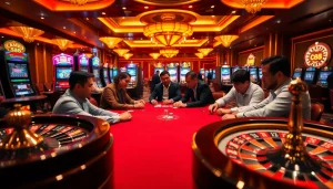 Players strategize their moves at the CM88 poker table in a luxurious casino setting.