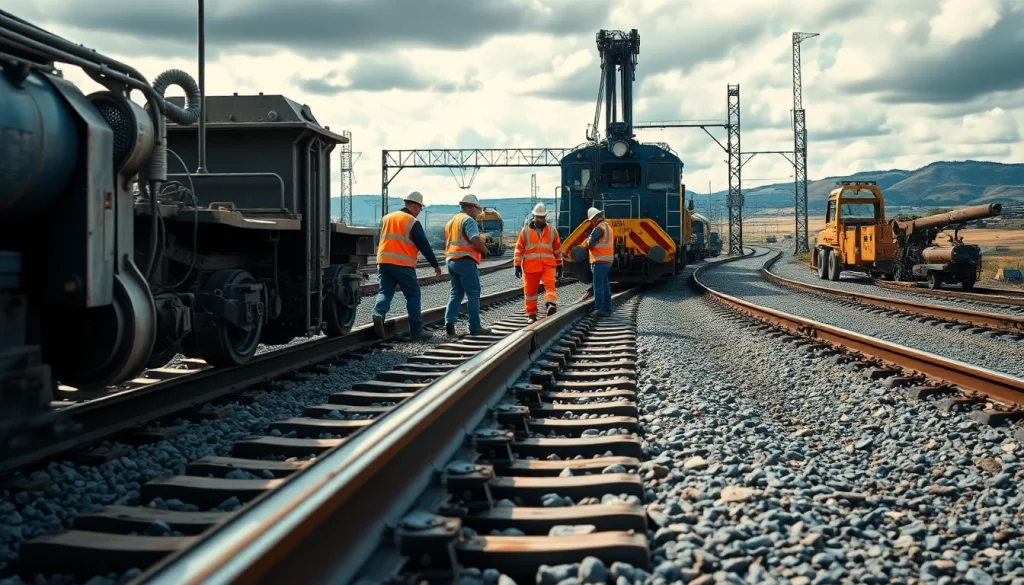 Railway crew engaged in derailment repairs with industrial machinery emphasizing safety and efficiency.