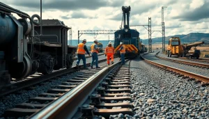 Railway crew engaged in derailment repairs with industrial machinery emphasizing safety and efficiency.