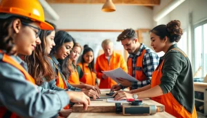 Engaging scene showcasing construction education with students practicing skills under expert guidance.
