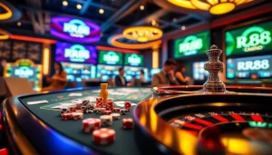 RR88 players place bets at a lively casino table, showcasing excitement and strategy.