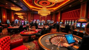 DH88 casino excitement with players at poker tables and a vibrant roulette wheel.