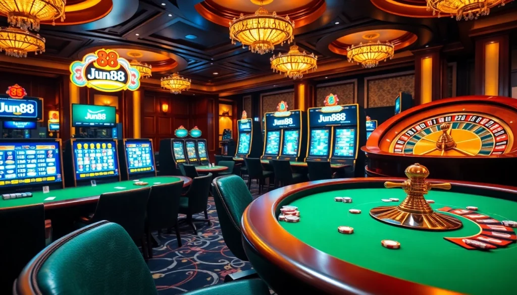 Experience high-stakes gaming at Jun88 with vibrant casino tables and thrilling slot machines.