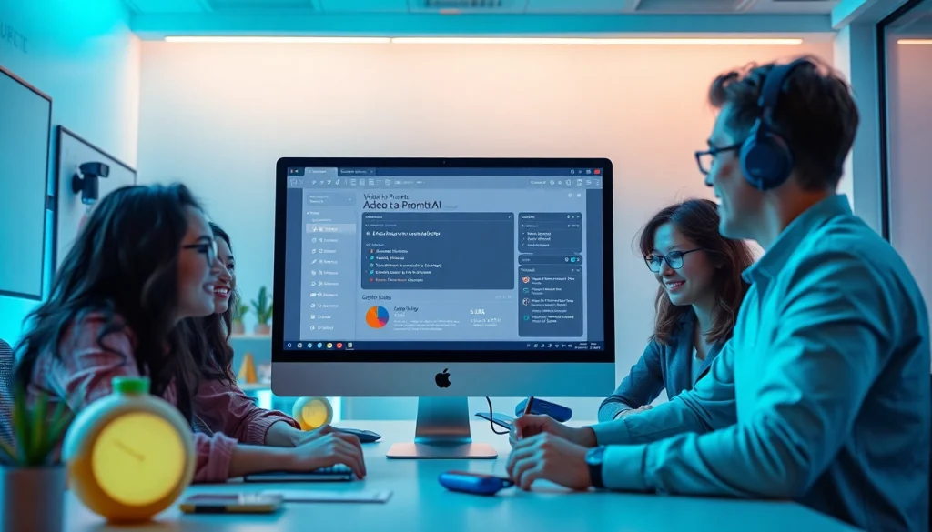 Professional workspace showcasing video to prompt AI generator with diverse users engaged in analysis.