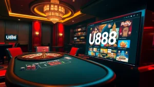 U888 poker table with vibrant chips and cards in a luxurious casino setting.