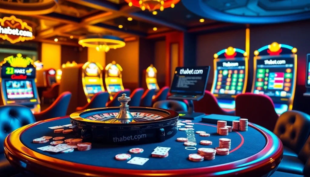 Experience thrilling moments at thabet.com featuring a luxurious casino scene with roulette and slot machines.