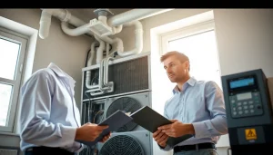 Technician checking residential heating and cooling system for optimal performance.