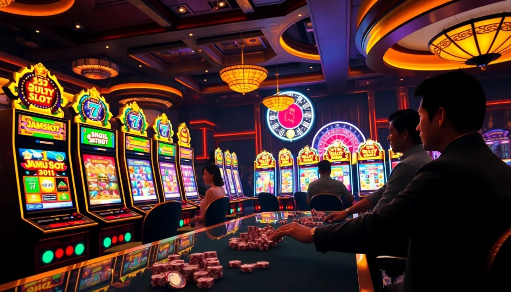 Experience the thrill of jamu slot with players celebrating wins at a luxurious casino.