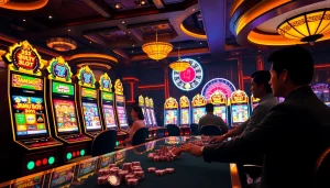 Experience the thrill of jamu slot with players celebrating wins at a luxurious casino.