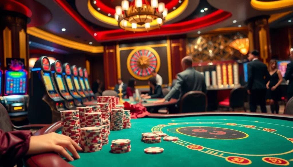 Experience high-stakes excitement at 98win casino with luxurious gaming tables and vibrant atmosphere.