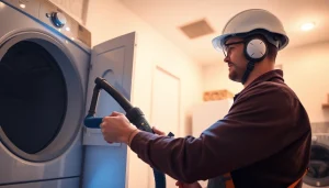 Dryer Vent Cleaning service performed by a certified technician in a modern laundry room.