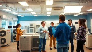 HVAC dealers demonstrating superior heating solutions in a modern showroom.