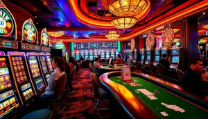 Players engaging with colorful slot machines in a vibrant casino atmosphere.