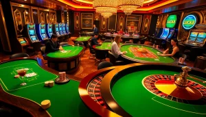 Players enjoying thrilling casino games at LUCK8's luxurious online gambling site with vibrant tables and roulette wheels.