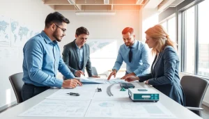 Railroad Design Consultants engaged in strategic planning with detailed blueprints.