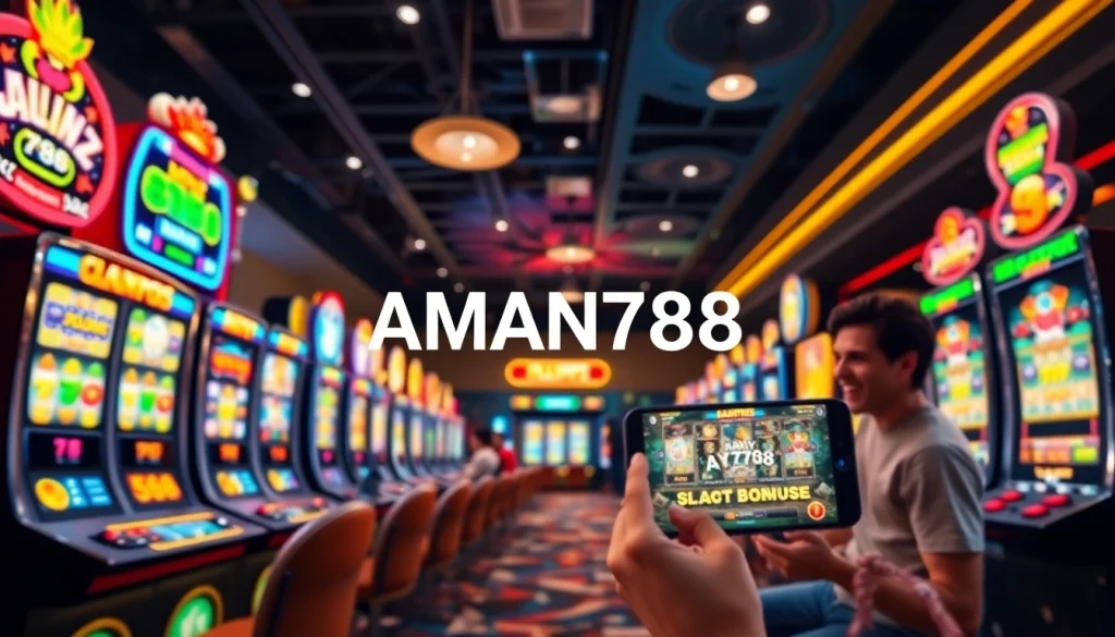 Exciting online gaming scene featuring aman788 logo and vibrant slot machines.