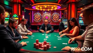 Exciting casino scene with players at a poker table, featuring PS99 COM branding in the decor.