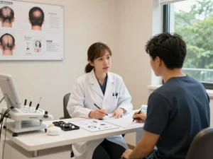 モダンクリニックで自毛植毛おすすめ口コミ＆評判情報【ショクコミ】について相談を受けている患者が、専門家と治療オプションを話し合っています。