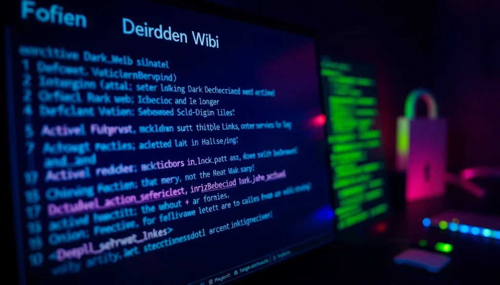Explore the Hidden Wiki 1 with active dark web links displayed on a glowing screen.