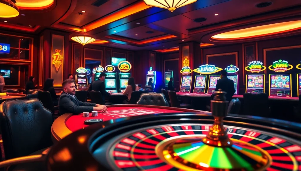 Players enjoying a high-stakes game at Jun88 casino with vibrant slot machines and a spinning roulette wheel.