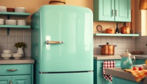 Showcasing a mint green retro appliance in a cozy kitchen setting with vintage decor.