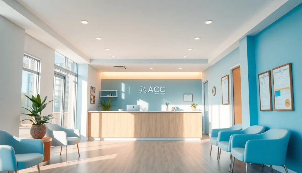 歓迎される医療クリニックの受付エリアにあるABCクリニックの口コミ・評判。専門性と快適さを示しています。