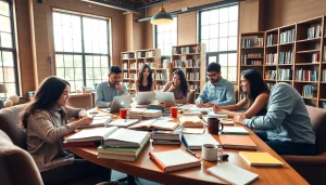 Group of students collaborating on exam assistance in a cozy, well-lit library.