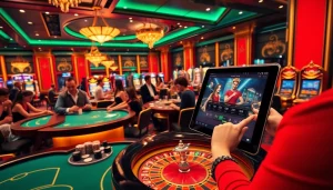 Parties palpitantes dans un casino en ligne dynamique avec des tables élégantes et des machines à sous.