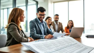 Abfindung verhandeln bei einem professionellen Meeting in einem modernen Büro.