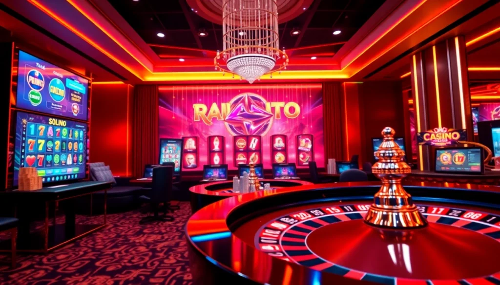 Découvrez l'excitation du casino en ligne avec une interface de jeu en ligne dynamique mettant en vedette des jetons de poker et des roulettes.