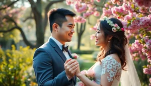 Wedding photographer capturing a couple's intimate moment in a beautiful garden.