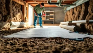 Vapor Barrier Installation being executed in a residential crawl space, highlighting professional techniques and materials.