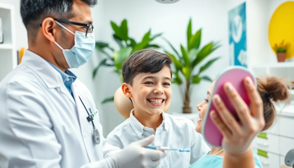 Edmonton orthodontist engaging with a young patient in a welcoming clinic, highlighting care and professionalism.