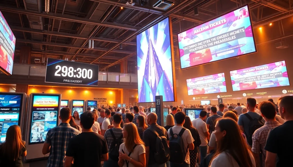 Excited attendees at a presale event interacting with digital ticketing screens.