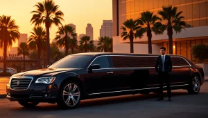 LA Limo parked at a luxury hotel in Los Angeles, showcasing elegant service.