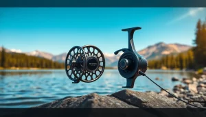 Showcase of the best fly fishing reels featuring intricate details in a peaceful outdoor setting.