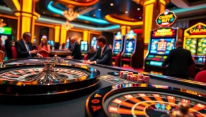 Scène captivante de casino en ligne avec des tables vibrantes, des croupiers et une action de jeu passionnante.