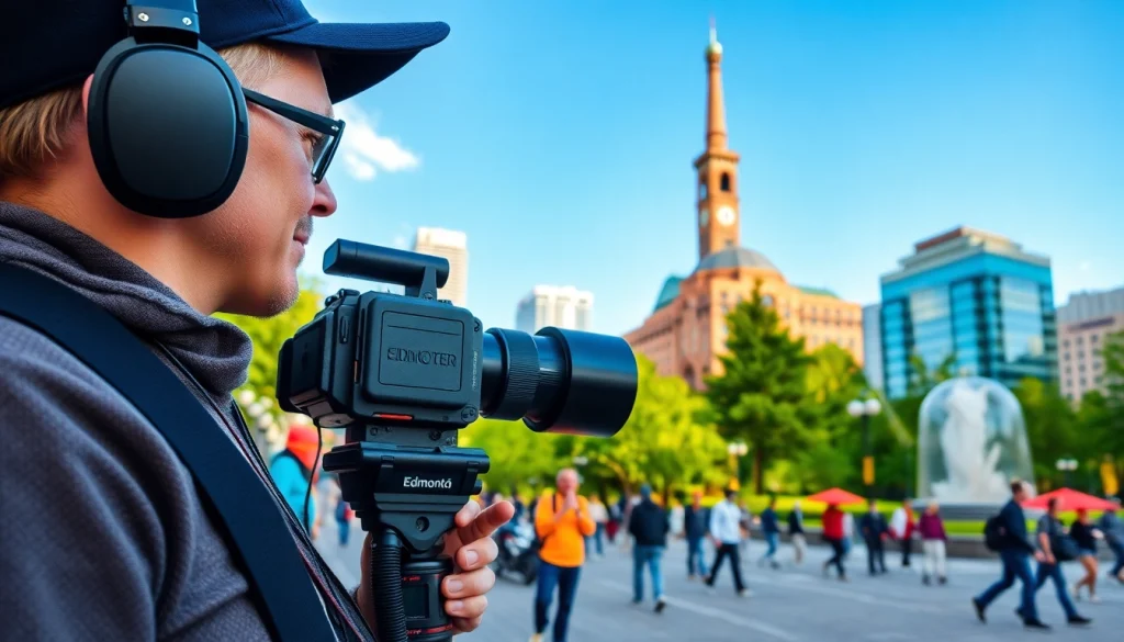 Edmonton videographer capturing vibrant city scenes with professional equipment.