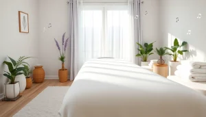 재충전과 웰니스에 완벽한 진정한 분위기와 편안한 색상의 마사지 치료실