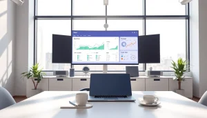 Utilize HubSpot CRM free tools at a professional workstation with a digital dashboard.