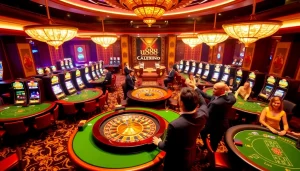 Experience the thrill of U888 as players celebrate at luxury casino tables with vibrant gaming.